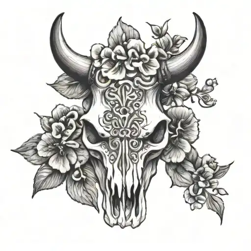 Cow Skull With Violets Growing