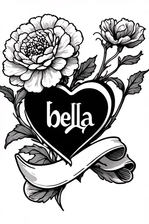 Carnation And Heart With The Word Bella On A Scroll