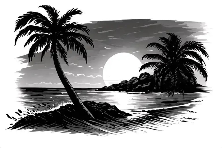 Beach Sea Palm Tree Sunset Scene