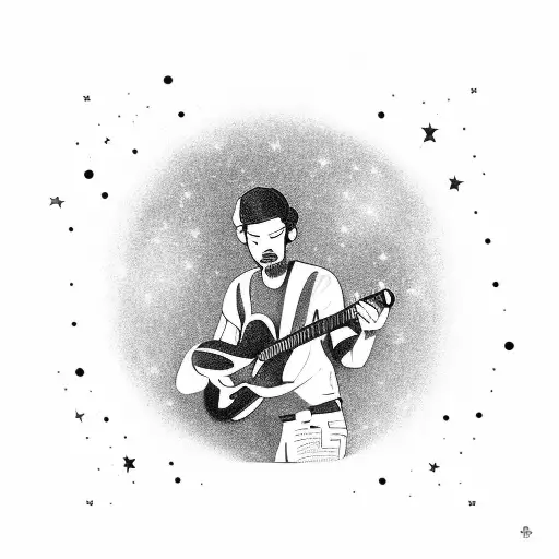 A Black-grey Tattoo Of A Musician Playing A Guitar Under A Starry Sky