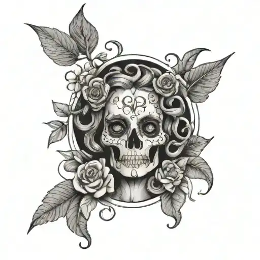 Small Half Skeleton Medusa Head Sternum Tattoo With Puzzle Pieces And Flowers