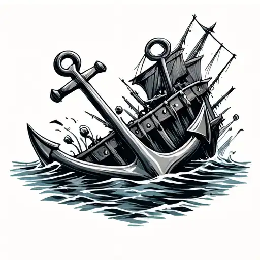 Anchor And Sunken Shipwreck Sinking Into The Depths