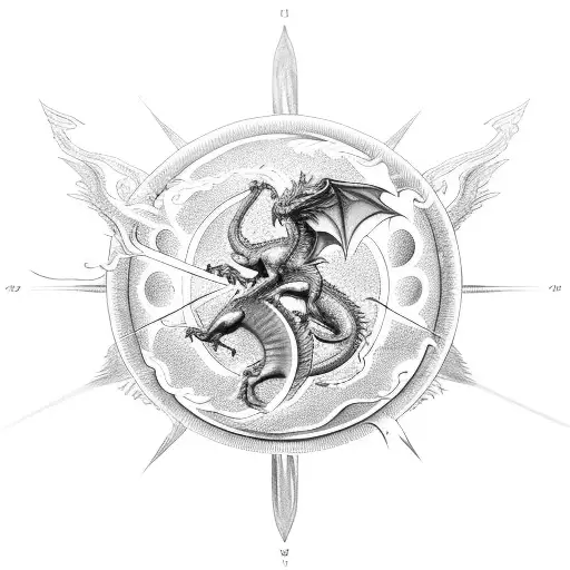 Dragon Wrapping Around A Sun With Icarus Falling