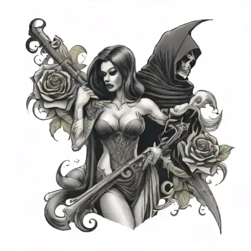 Death Reaper With Two Hot Women On The Side With A Rose Smoke Going Down