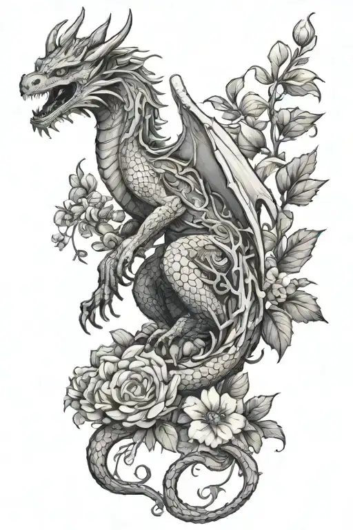 Tree Dragon With Wolf And Wild Flowers