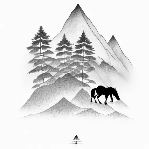 Mountain With Trees And Horse