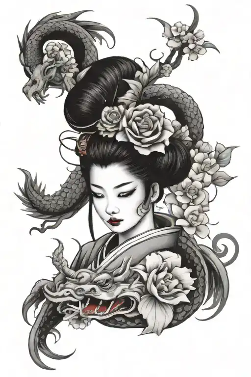 Geisha With Dragon And Flowers Intertwined