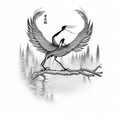 Sleeve Tattoo Of Crane With Cherry Tree Branches