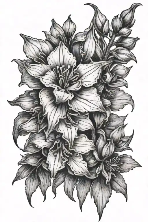 A Detailed Black And Grey Portrait Of A Larkspur Flower With Intricate Shading And Highlights
