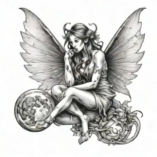 Fairy Sitting In Moon Tattoo Des