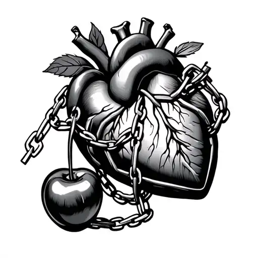 Two Cherries Next To Heart Organ With Chains Wrapped Around Squeezing The Middle Tight Tattoo Design