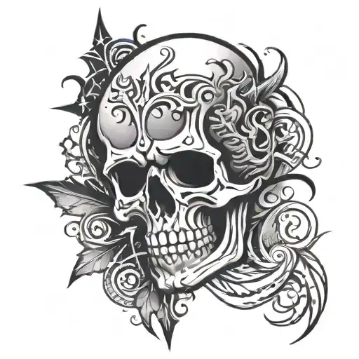 Skull With Tribal Around It With Stars Smoke And Flames