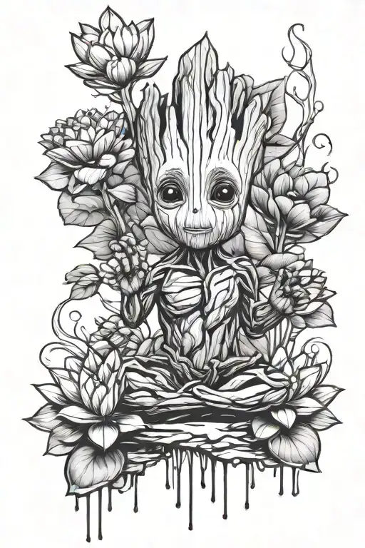 Baby Groot And Lotus Flower