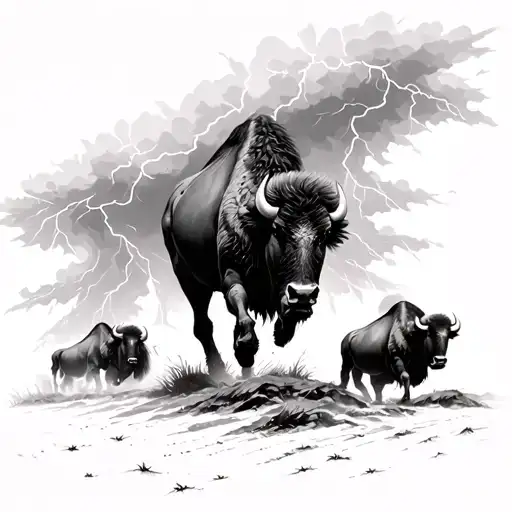 On The Left Bisons Buffalos Running Toward Thunder Storm Coming On The Right Black And Grey