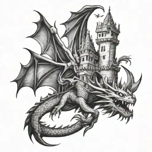 Castle And Dragon Flying