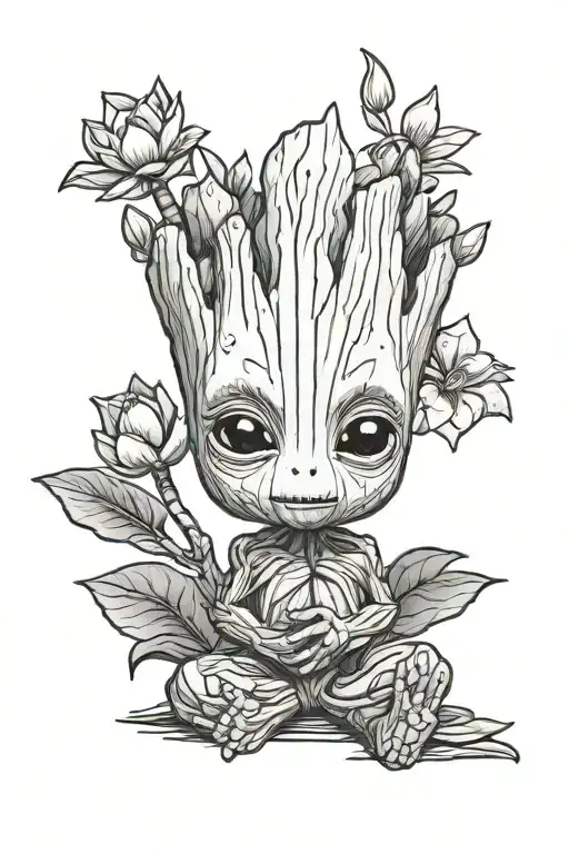 Baby Groot With Lotus Flower Hair