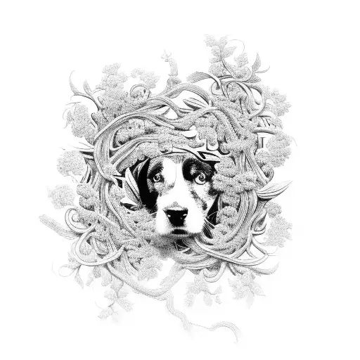 An Intricate Design Of Intertwining Vines And Flowers With Hidden Pawprints And Dog Silhouettes