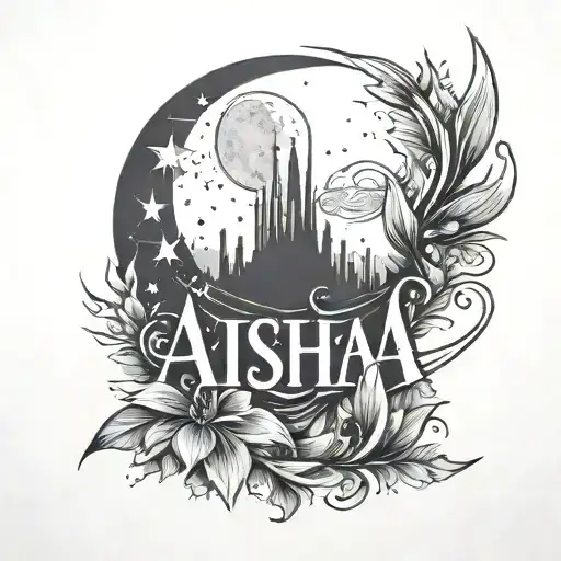Minimalist Outline Of Name Aisha Luna With Crescent Moon In It