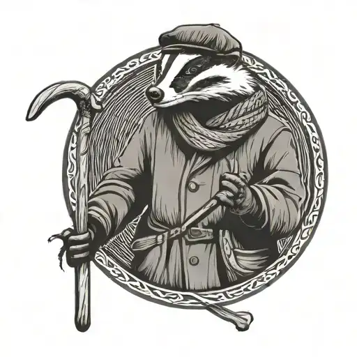 Badger Wearing A Black And White Scarf And A Flat Cap Holding A Walking Stick