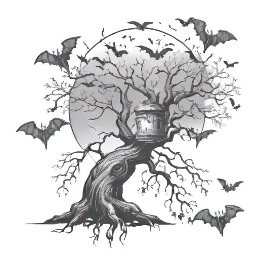Poison Tree With Bats Flying And Moon