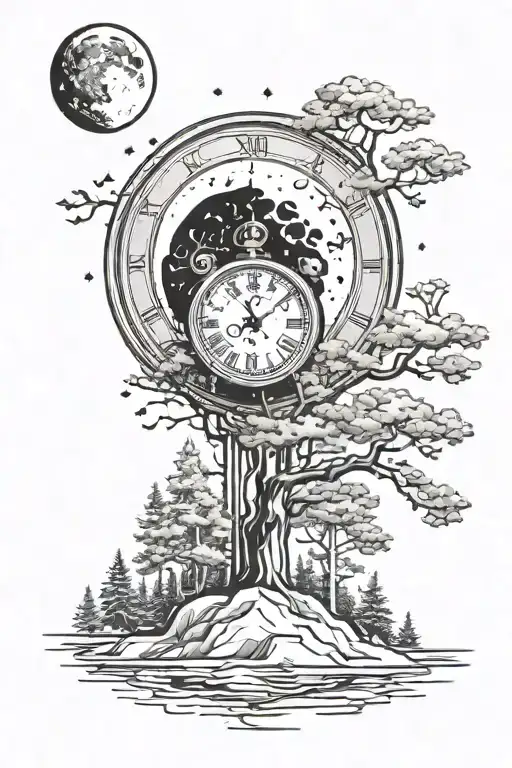 6 Pine Trees And Moon With Clock