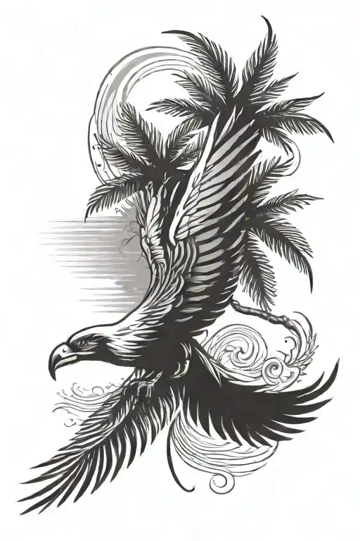 Phoenix Bird Flying Above A Date Palm Tree