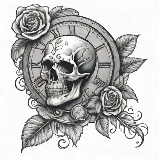 Skull With Roses A Clock And Money