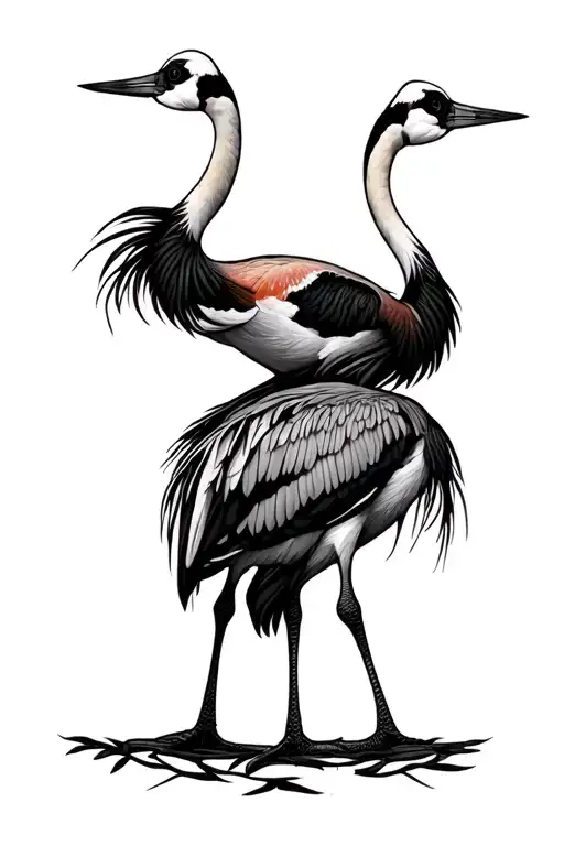 Mirrored Realistic Sandhill Cranes On The Back With A Decorative Line Down The Spine