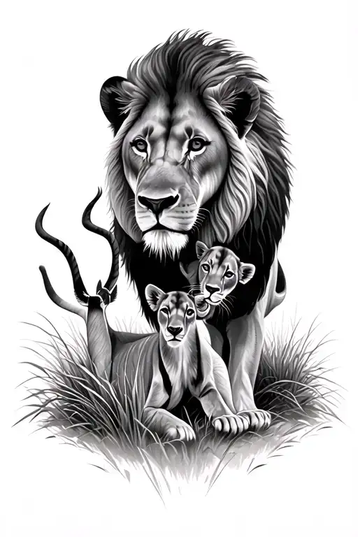Realistic Lion Tattoo 3 Cubs In Long Grass Preying On A Gazelle