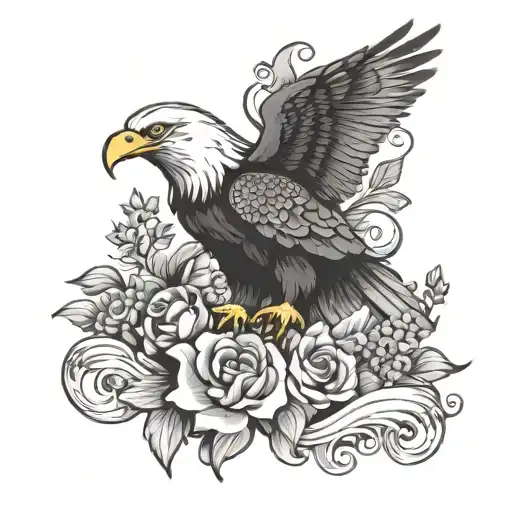 Eagle Surrounded By Wave With Flowers And Butterflies