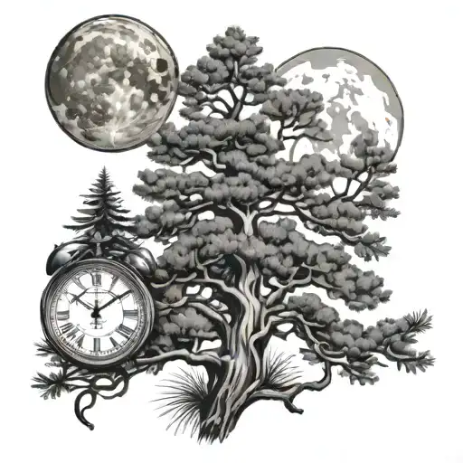 6 Pine Trees And Moon With Clock