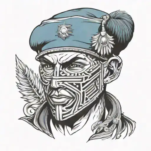 The Face Of A Soldier In A Blue Beret And A Black Balaclava Half With The Liuom Of An Evil Gyptian