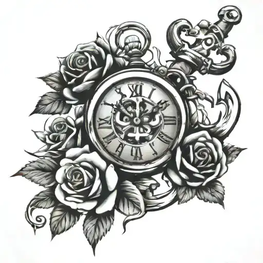 Roses Clock Anchor Cross Tattoo Design Inspired