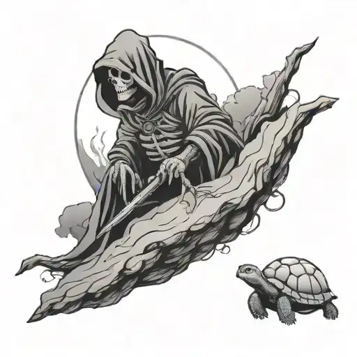 Grim Reaper Looking At The Clouds With A Turtle On A Rock