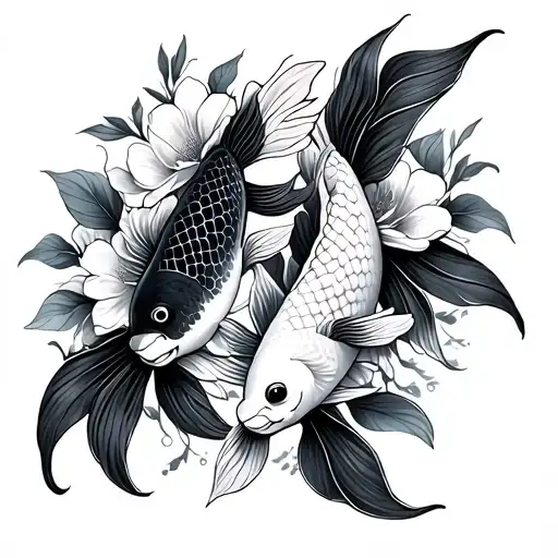 Two Koi Fish And Flowers Intertwined