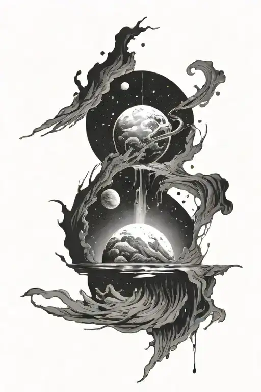 Galaxy Planet Expanding Dark Small River Running With Human Standing At Base