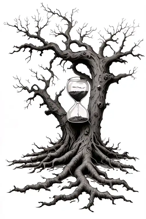 Dead Oak Tree With Broken Hourglass With Roots Suffocating The Hour Glass