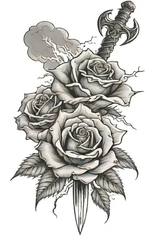 Sword And Thunder And Lightning Clouds With One Single Rose On Top In The Center
