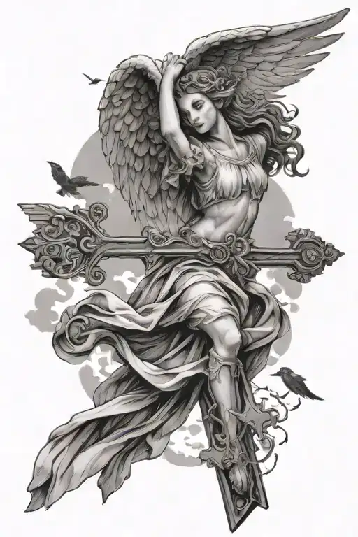Angel And Cross With Birds And Sky
