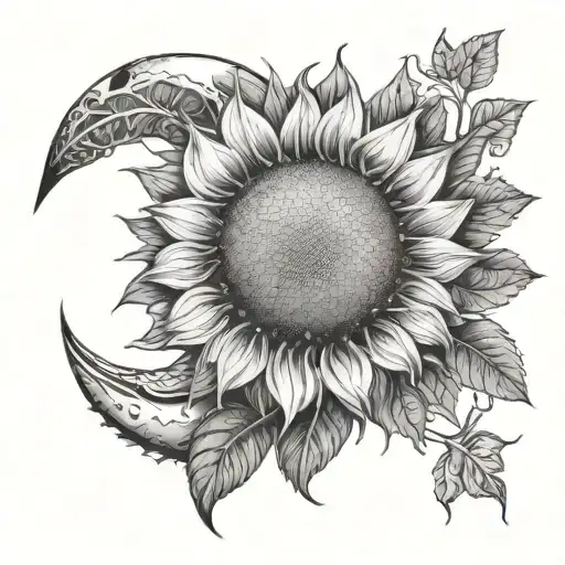 A Large Crescent-shaped Moon Wraps Around The Sunflower Within It