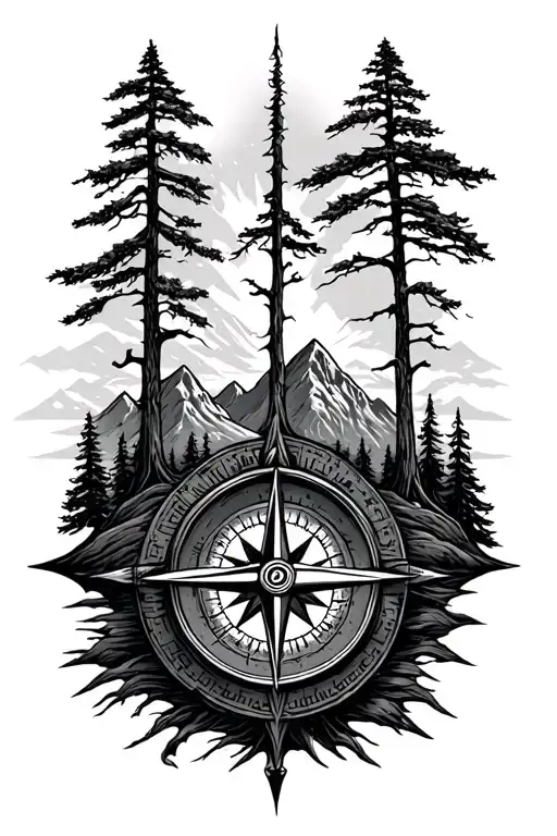Mountains And Compass With Old Tree Growing
