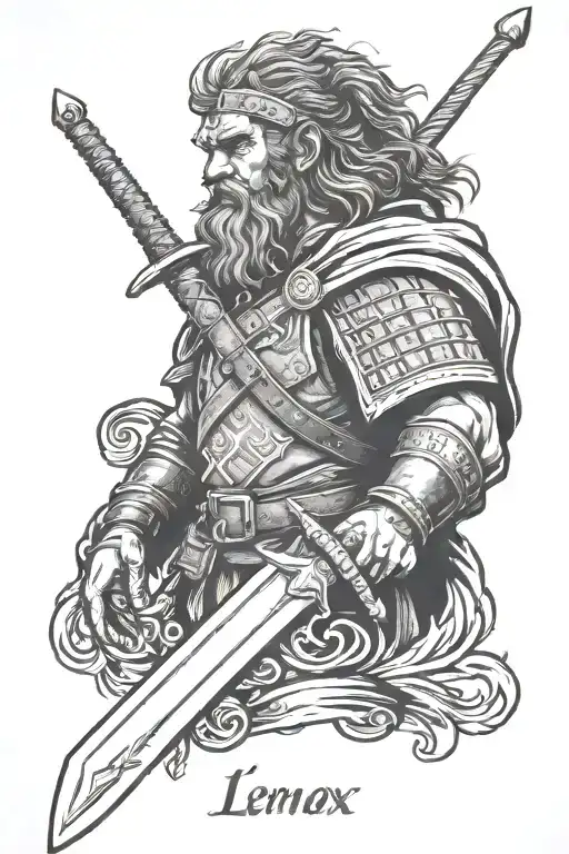 Sleeve Tattoo With Scottish Highlander With Sword And The Name Lennox Above