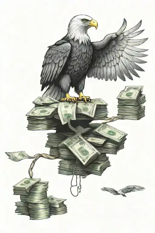 Create A Tattoo Of A Majestic Eagle Perched On A Stack Of Money To Represent Success And Hustle