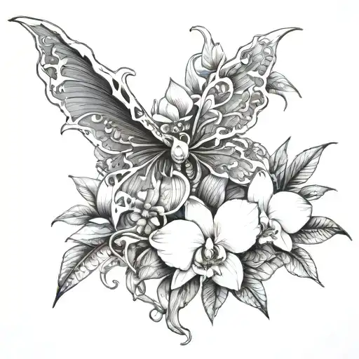 Orchid Surrounded By Plants And Dragon