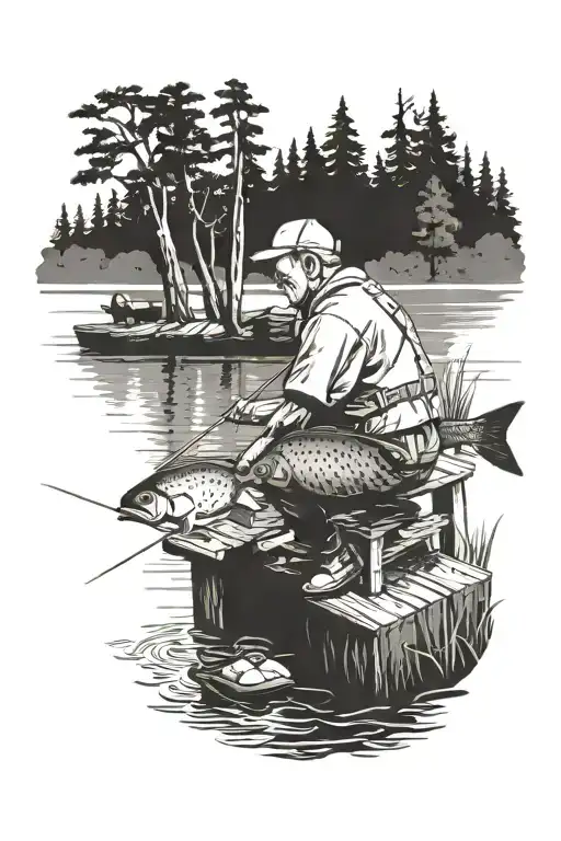 Grandpa Fishing On A Dock With Trees