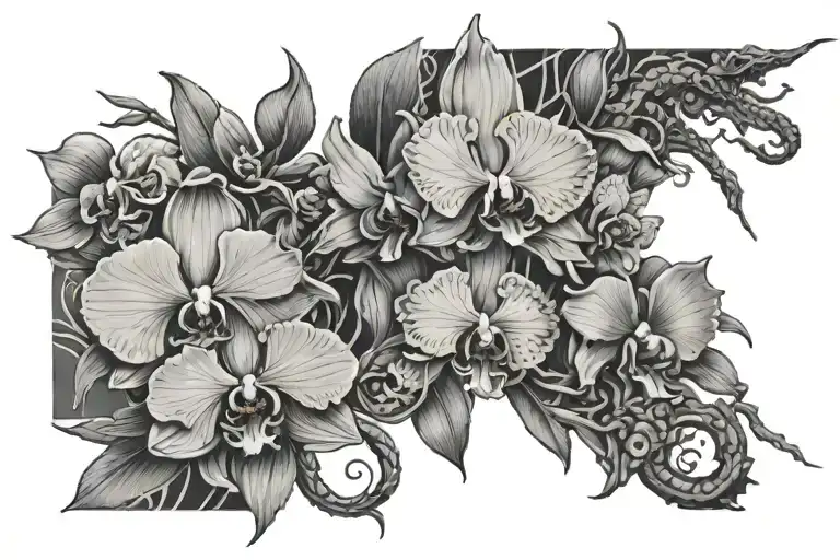 Orchids And Dragon Wrapped Tattoo