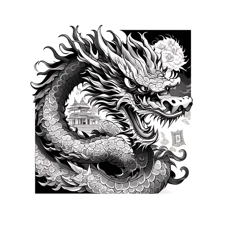 Chinese Dragon With Geicha And An Oni Of Money And A Temple