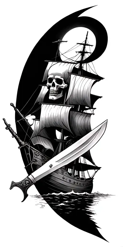 Skeleton Ship And Knife Sleeve Tattoo Design