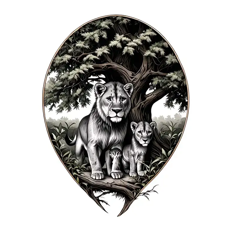 Two Cubs With Lioness Under A Cedar Tree Growing