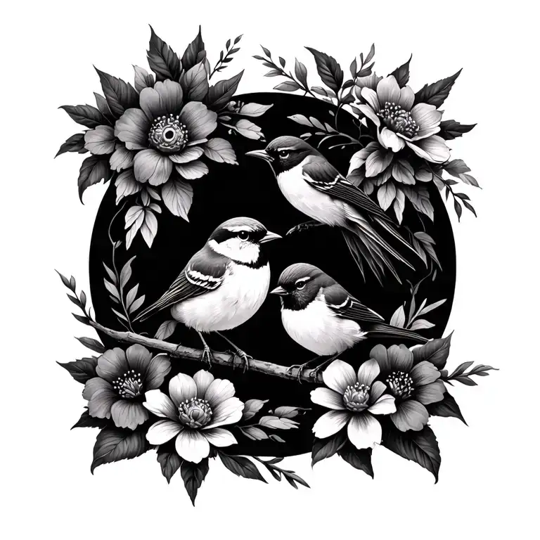 Small Birds And Flowers Within A Circle
